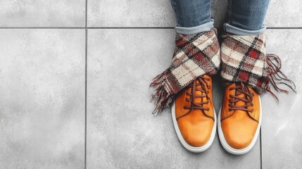 Stylish casual footwear with cozy plaid scarf on tiled surface, perfect for fall fashion and lifestyle photography