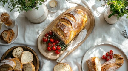 Freshly Baked Bread with Cherry Tomatoes and Greenery on Wooden Serving Platter in Cozy Dining Setting