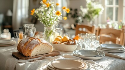 Freshly Baked Bread on Rustic Table with Flowers and Glassware in Bright Sunlight Setting