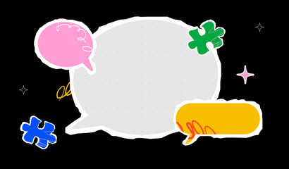A collage of a large speech bubble in the middle, puzzle pieces and colorful balloons around. The concept of information transmission, communication, and dialogue.
