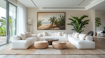 Modern minimalist living room design with white sofas and tropical artwork, featuring natural light and indoor plants
