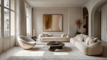 Modern minimalist living room interior with soft textures and warm color palette featuring cozy furniture design