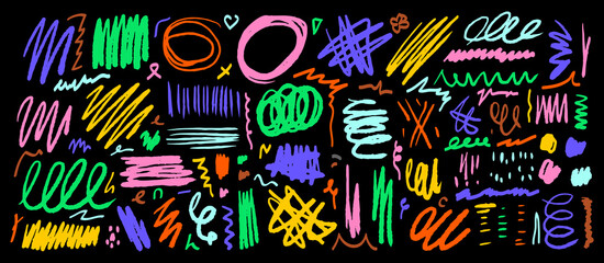 A set of different multi colored hand-drawn lines, strokes, flourishes, doodles, swirls, sketches, stripes, scratches on a black background. Bright design elements.