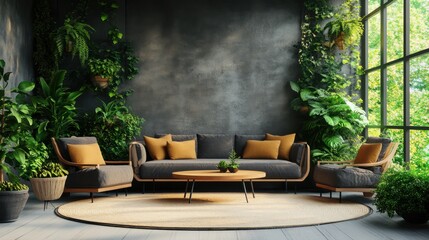 Cozy Living Room with Modern Sofa Surrounded by Lush Green Plants and Natural Light
