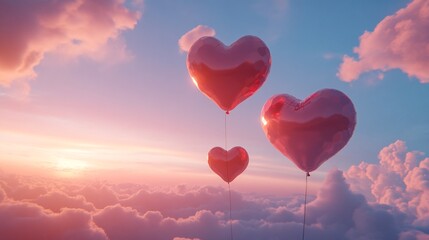 Obraz premium Love is in the Air - Heart Shaped Balloons Floating in the Sky