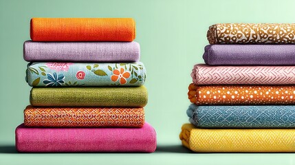 Stack of Colorful Fabric Rolls on Light Green Background, Featuring Polka Dots, Floral, and Stripes