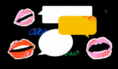 Colorful lips and speech bubbles scattered on a black background with abstract drawings and stars. A symbol of conversation, expression and communication.