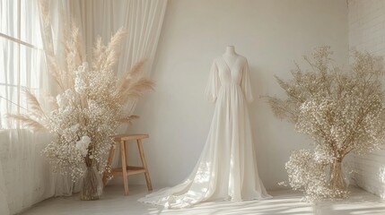 Elegant bridal gown display with soft light, floral arrangements and serene background in a stylish interior setting