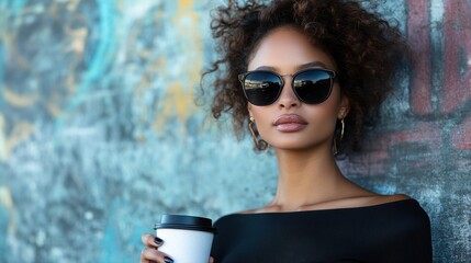Confident Woman with Curl Hair in Sunglasses Holding Coffee Cup Against Colorful Urban Wall Background