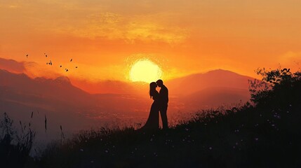 Obraz premium Romantic Sunset Kiss at Majestic Mountain Viewpoint