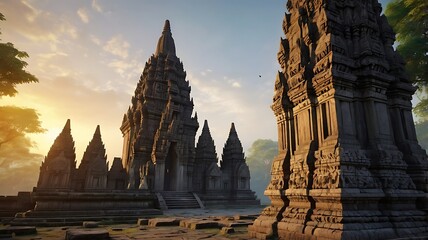 Naklejka premium A stunning 3D-rendered view of Prambanan Temple at sunrise, with golden sunlight illuminating the intricate carvings, realistic details, and soft morning mist