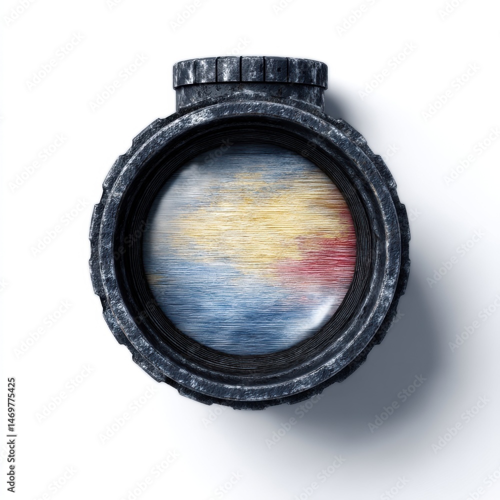 Poster detailed macro shot of a 3d sniper scope with textured lens reflection and unique design