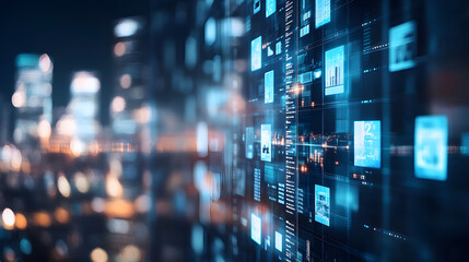 Cyber Cityscape: A dynamic digital display of interconnected data, showcasing a futuristic city. Experience the mesmerizing blend of technology and urban life.