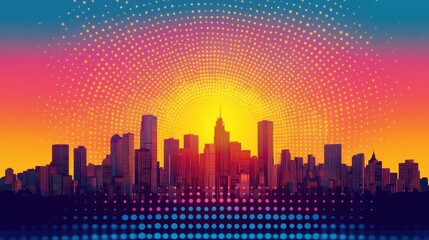 Vibrant City Skyline at Sunrise with Colorful Dots and Abstract Background Design in Warm Tones