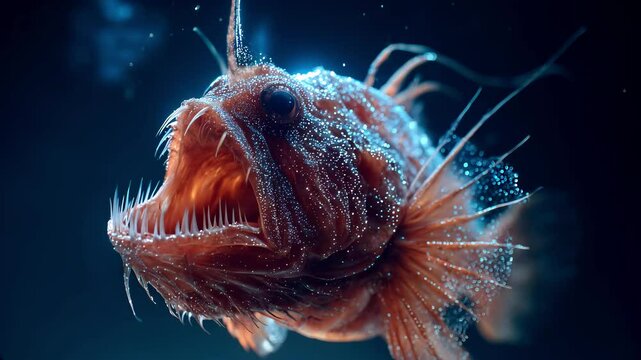 Underwater sinister anglerfish prowls abyssal depths, lure glowing with eerie light. Predatory anglerfish silhouette evokes mystery of deep ocean underwater