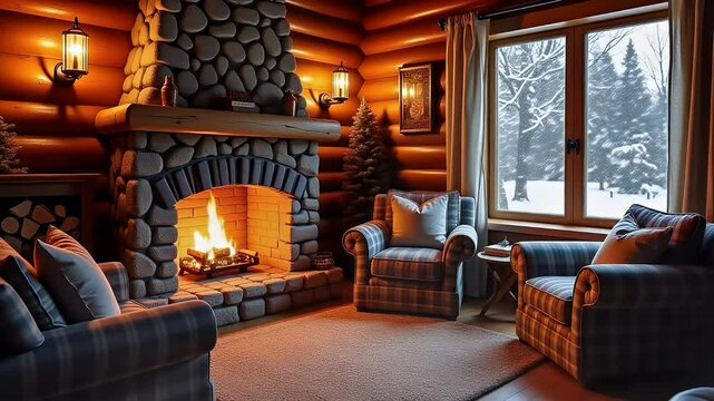 Cozy log cabin living room with fireplace