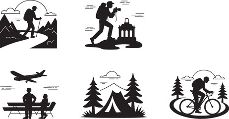 A collection of silhouetted illustrations depicting different travel and adventure activities