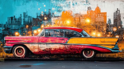 Vintage Car Against Urban Mural with Bright Colors and Retro Vibe in Modern City Environment