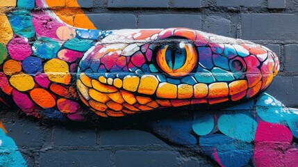 Colorful Urban Mural of a Snake in Vibrant Patterns and Shades on a City Wall