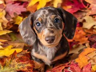 Dachshund puppy sitting among colorful autumn leaves