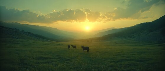 Obraz premium Gentle sunlight on a valley meadow landscape at sunset.