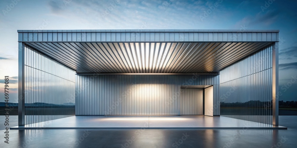 Poster Modern Architectural Design Featuring a Sleek Metal Pavilion with a Covered Platform and Vertical Slats