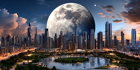 Naklejka premium Futuristic nightscape of a city panoramic view urban environment vibrant skyline