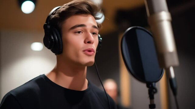 Professional voice actor recording a dynamic radio advertisement in a state-of-the-art audio production studio.