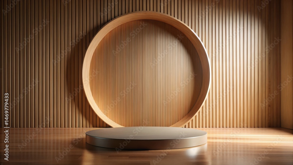 Poster Elegant Minimalist Product Display with Circular Wooden Frame and Platform