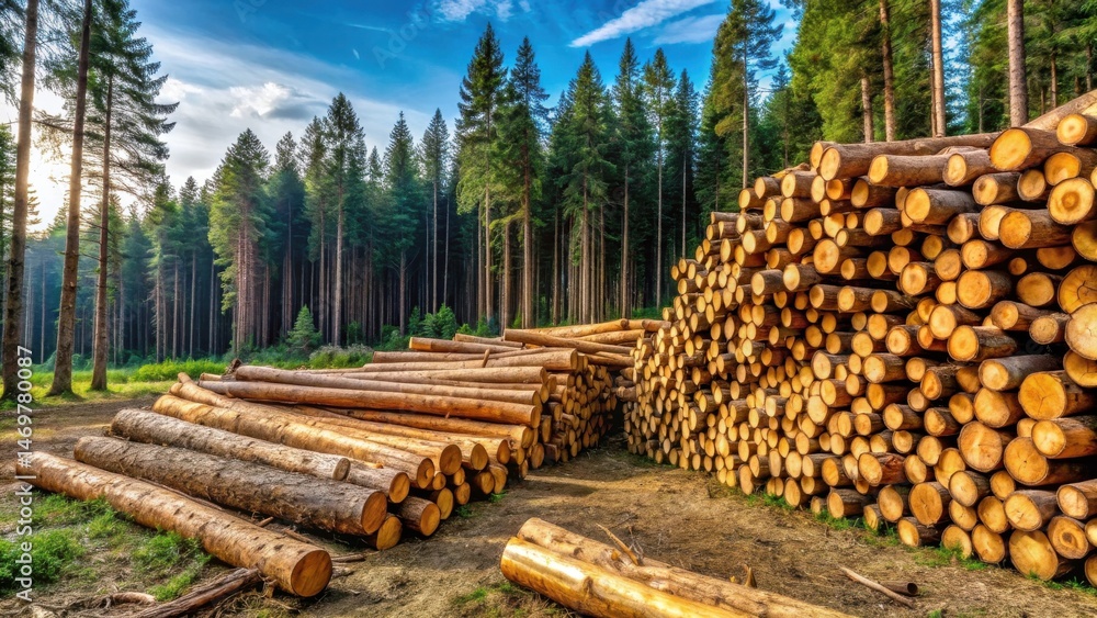 Poster sunlit forest logging operation stacks of freshly cut timber logs await transport, a testament to su