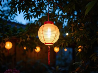 Obraz premium Lush Leaves, Glowing Lantern, Peaceful Garden
