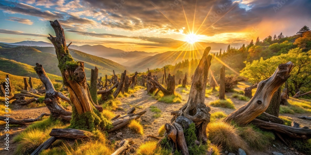Aufkleber golden hour serenity sunbeams illuminate a pathway through ancient, moss-covered tree trunks in a mo