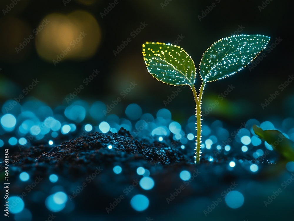 Aufkleber tiny sprout emerging from soil, illuminated by glowing particles