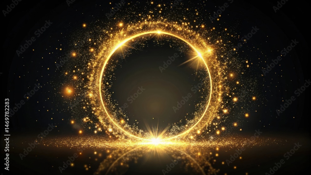 Poster illuminated golden circle of sparkling dust and light on a dark background
