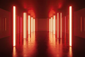 Neon corridor, vibrant red glow, futuristic