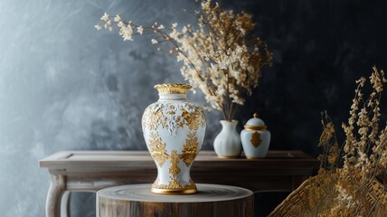 Vintage-Style Decorative Vase in Gold and White.