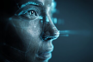 Futuristic face with digital overlays and data.