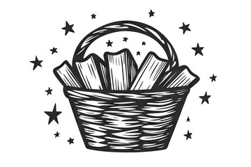 Vintage illustration of a basket filled with books surrounded by stars.