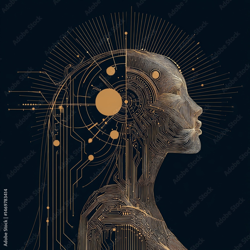 Poster futuristic portrait with circuit patterns.