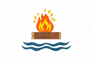 Simple illustration of burning logs afloat on water.