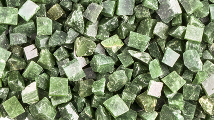 Fototapeta premium Green Jade Chips Texture: Close-up shot of numerous small green jade chips, showcasing their varied shapes, textures, and subtle color variations. Perfect for backgrounds or design elements.