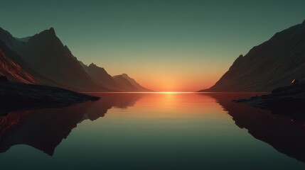Tranquil Moment with Reflection of Majestic Mountain Range at Sunset Over Still Waters