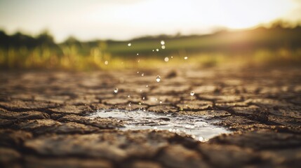Close-up of water droplets dripping onto cracked dry soil in desert environment under natural light, representing drought, climate change, water scarcity, and sustainability with fine surface textures