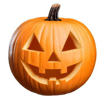 Smiling jack o lantern with classic carved face against black background png