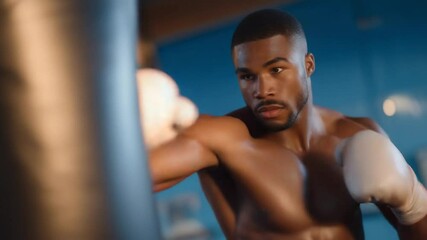 Dynamic boxing training footage featuring an athlete powerfully striking a punching bag. - Powered by Adobe