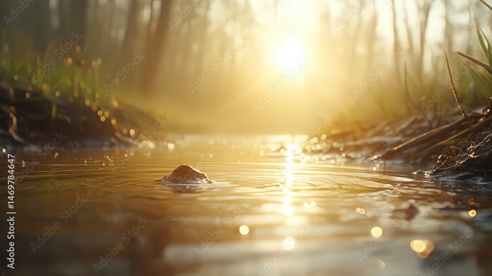 Poster sunlight reflections on water surface in a forest stream with surrounding trees foliage and natural 