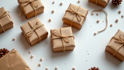 a pristine white surface serves as the backdrop for a charming tableau: brown gift boxes tied with delicate twine, exuding warmth and inviting anticipation for the joyous occasion of gift giving.