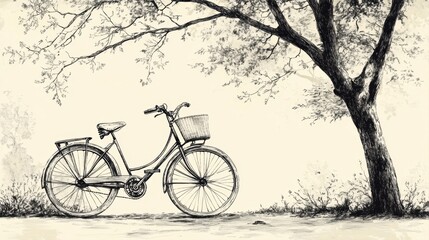 Obraz premium Vintage Bicycle Under a Tree in Black and White Illustration with Detailed Sketch Elements and Natural Surroundings