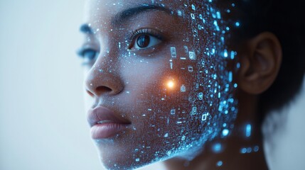 Futuristic Cybernetic Portrait: Digital AI Face with Neon Glowing Patterns and Emotions