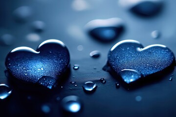 Fototapeta premium Two blue hearts in water droplets
